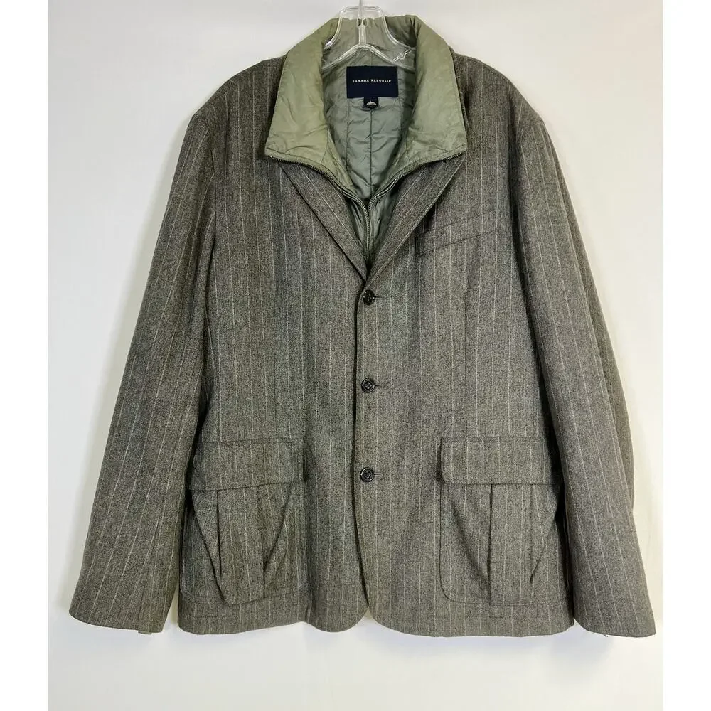 Banana Republic Wool Blazer & Removable Insulated Lining‎ Mens L Gray Pinstripe